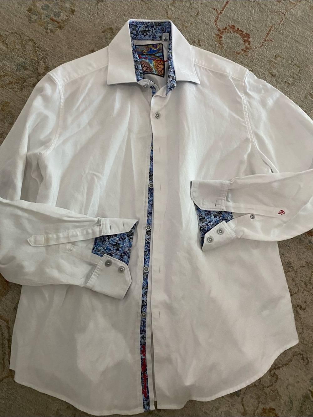 Robert Graham White Shirt with Blue Floral Contrast Trim